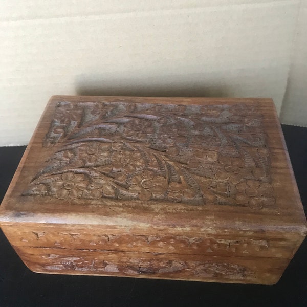 Vintage Tibetan Wooden Hand Carved Jewelry Box From Bhaktapur Nepal