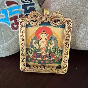Hand Made Gold plated Chenrezig Ghau Pandent With Om mani Pedme Hum Mantra And Dorje