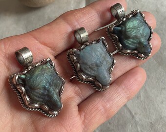 Carved Labradorite Wolf Pendants With Handcrafted Tibetan Silver/ Nepal