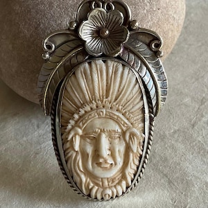 carved Bone Native American Chief Headdress With Handcrafted Tibetan Silver In Floral Design
