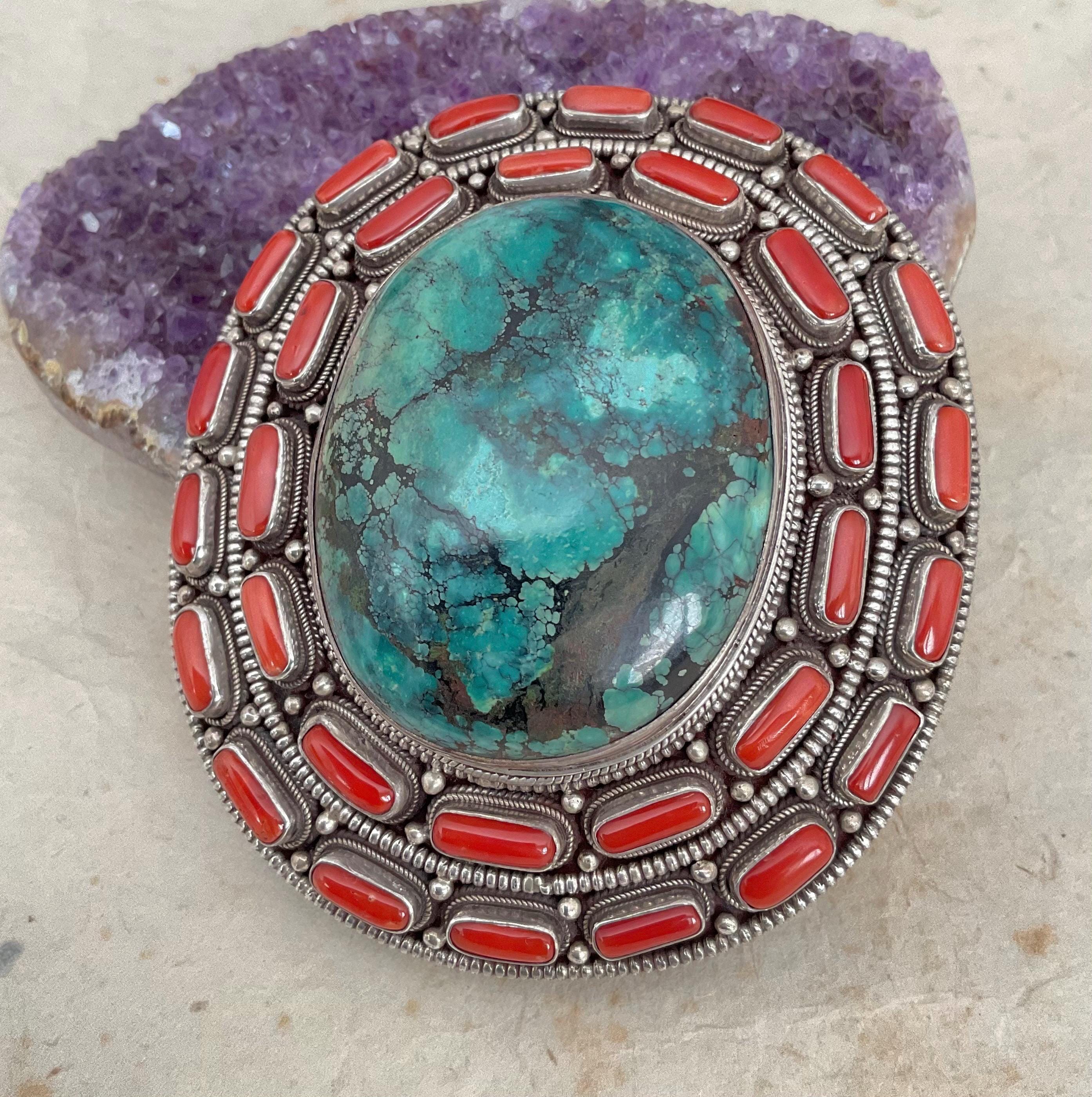 Vintage Tibetan Style Belt Buckle Circular Silver Tone Coral Blue Lightweight Vintage Tibetan Silver Belt Buckle: Turquoise & Coral Boho  main image 3