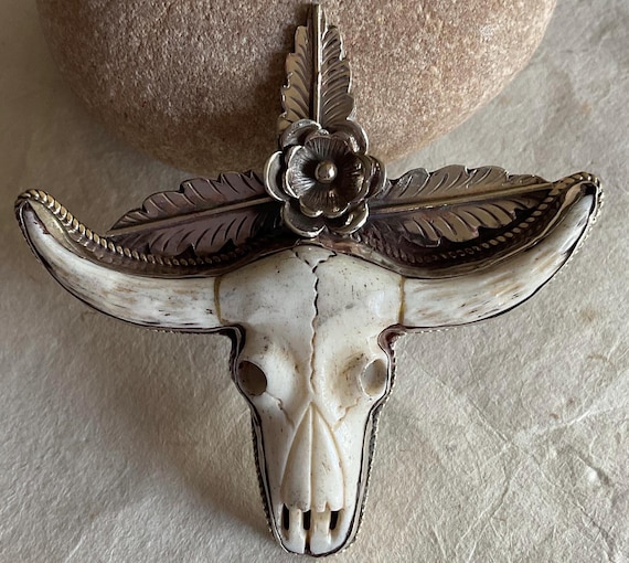Long Horn Bull Head Skull Bone Pendant With Tibetan Silver In Floral Design/ Nepal