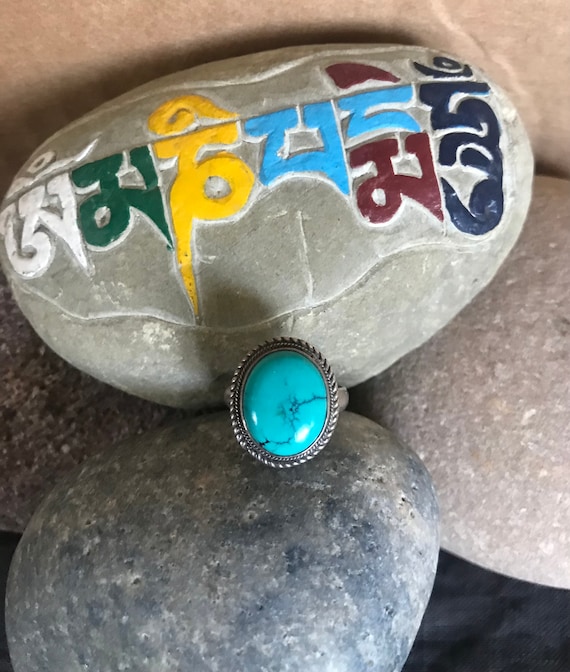 Tibetan Vintage Silver Ring with Old Tibetan Turqu