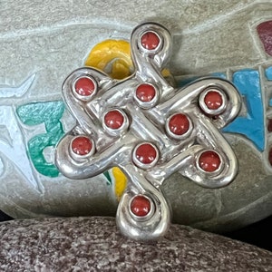 Vintage Tibetan Style Solid 925 Sterling Silver Endless Knot Pendant With Old Tibetan Coral