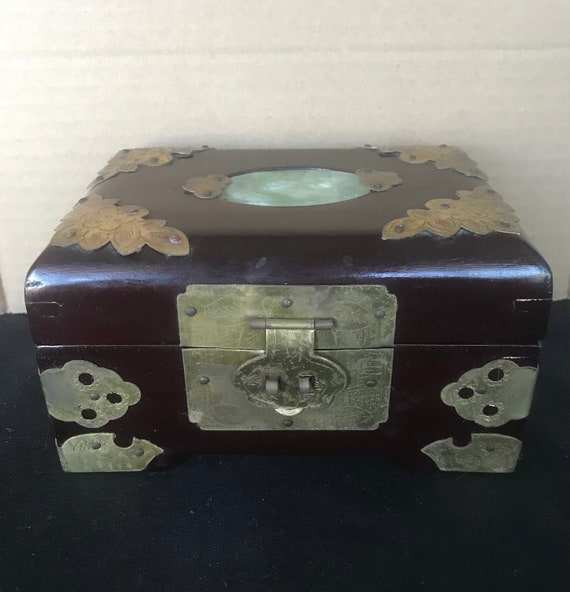 Vintage Rosewood Oriental Jewelry Box With Jade c… - image 1