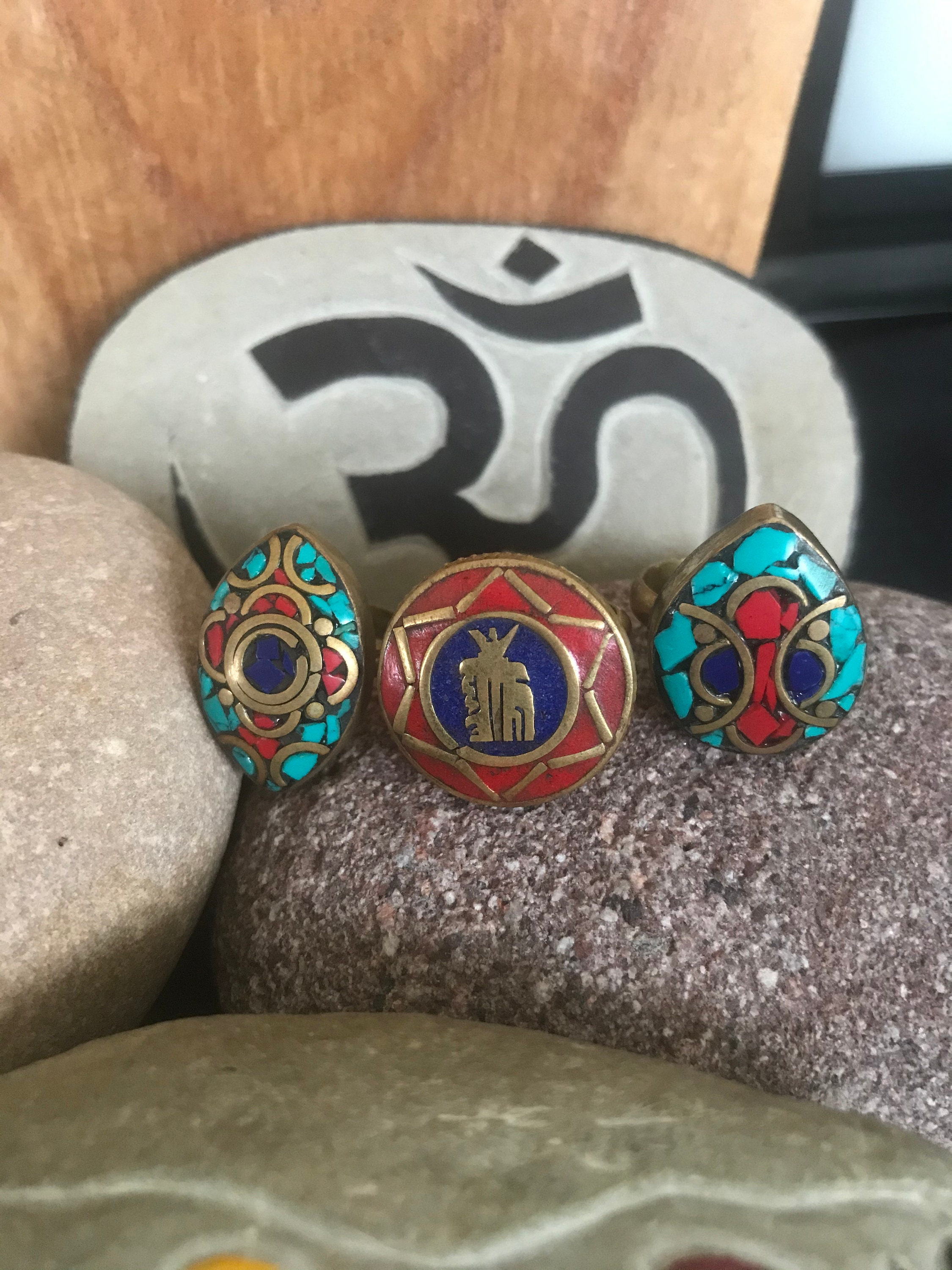 Tibetan Metal Rings Inlaid With Turquoise , Coral And Lapis Lazuli With Kalachakra And Flower Designs  In The Middle