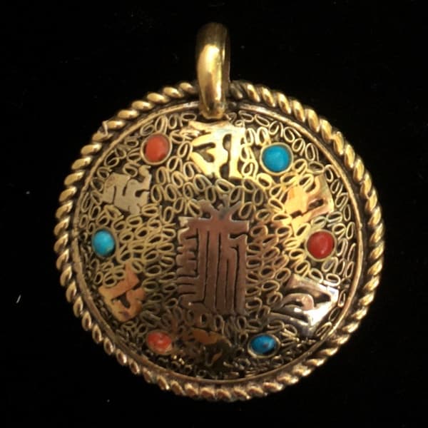 Metal Alloy Pendant Brass Mantra Letters Kalachakra w/ Coral & Turquoise Stones