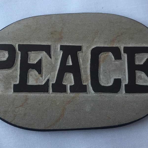 Sanskrit Om and Peace Hand-Carved and Painted Stone Slate for Dharma in Nepal, Tibet