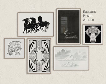 Curated Gallery Wall, Set of 6, Eclectic Prints, Black and White, Perfect Blend of Art Styles to Accentuate your Space