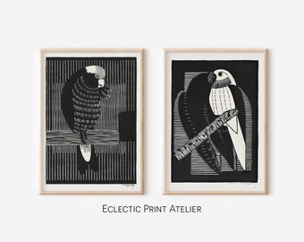 Eclectic Art Deco Bird Prints, Digital Set of 2, Great Apartment Set, Unique Gift, Bird Art, Printable Download, Digitally Remastered