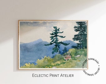 Arte del paisaje de la acuarela vintage brillante, naturaleza de la acuarela, descarga digital, arte imprimible