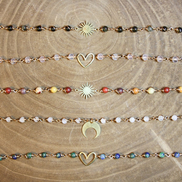 Braceletpierre naturelles symbol lunar, solar, stars, heart, moonstone, azurite, rose quartz