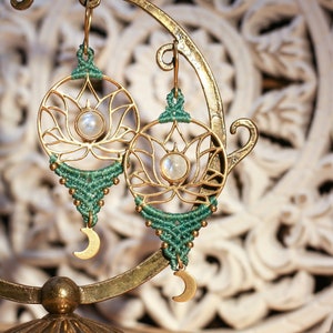 Lotus earring, natural stones, moonstone, boho jewelry, micro-macramé