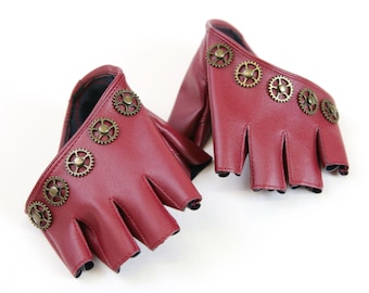 Steampunk gloves with gears, half-palm fingerless faux leather, XS/S