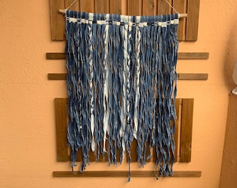 Large Modern Industrial Denim Wall Hanging, Blue Fiber Art with Vintage Lace