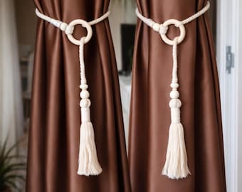 Cotton Rope Curtain Tiebacks with Wooden Beads and Tassels, Set of 2
