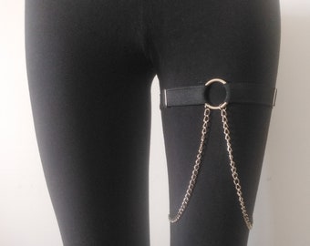 Harnais de jambe réglable en chaîne pour femme | Élasthanne noire et chaîne en argent | Tailles TP-6TG