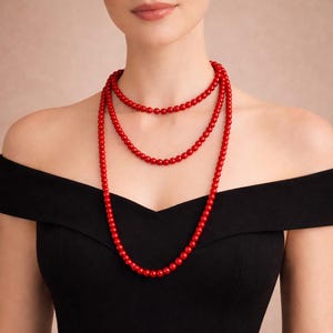 Collar de perlas rojo largo 120 o 180 cm – perlas artificiales 8 mm, collar statement elegante