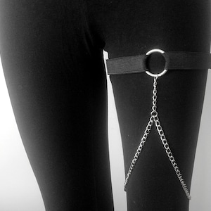 Adjustable Thigh Chain Harness for Women | Leg Jewelry | Black Elastane & Silver Chain