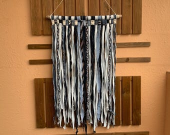 Modern Farmhouse Denim Wall Hanging, Nordic Blue Fiber Art with Vintage Lace