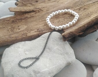 White pearl chain ring bracelet, slave bracelet