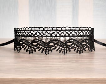 Lace Choker Necklace, Black, 4cm Wide, Adjustable Ribbon Tie, Gothic Victorian Style