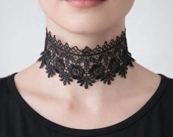 Choker necklace black floral lace Victorian gothic ribbon tie 2 in width