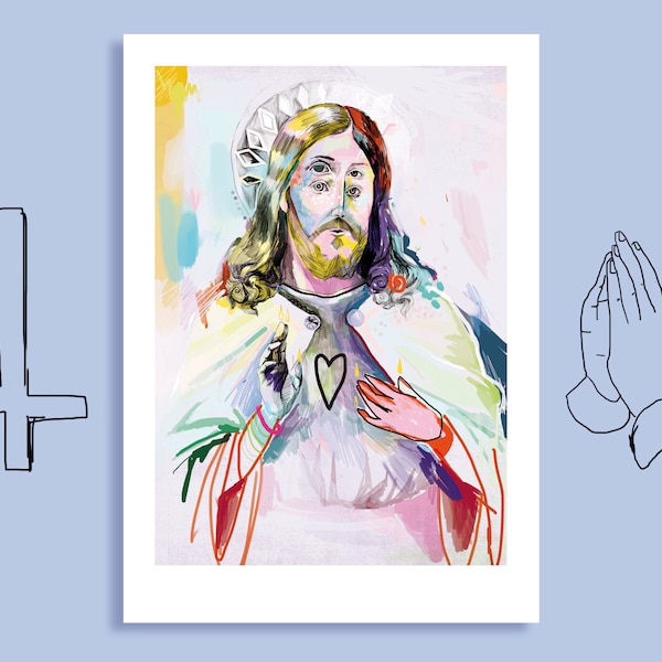 Artprint “Jesus” Religion, Gott, Christentum, Heiligenschein, Herz, heilig, lustig, Filzstift, Buntstift, Glauben, Maria, Heilig, kunst