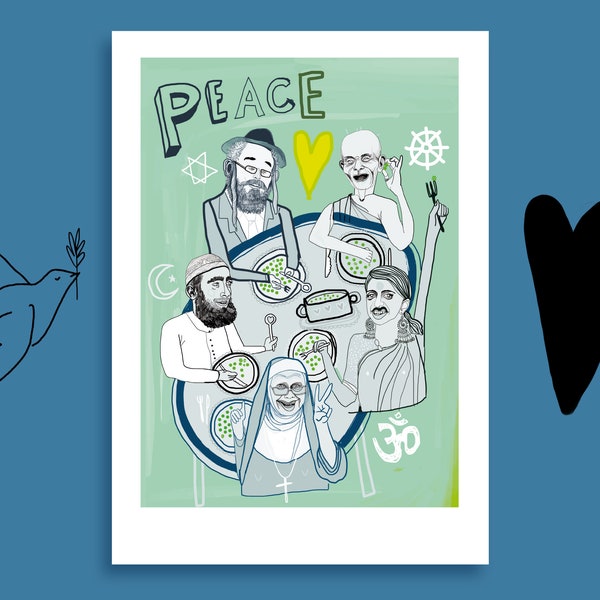 Artprint “PEACE” Religion, Weltfrieden, Liebe, Freiheit, Gemeinschaft, Buddhismus, Judentum, Islam, Jesus, Hinduismus, Buddha, Leben, Essen