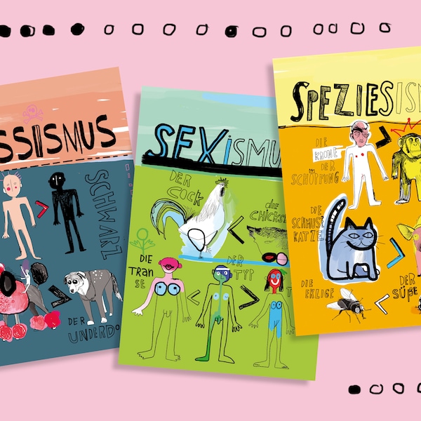 Postkartenset “Rassismus Sexismus Speziesismus” Tierrschutz, Ethik, vegetarisch, vegan, Katze, Hund, Feminismus, LGBT, Frauenpower, Comic