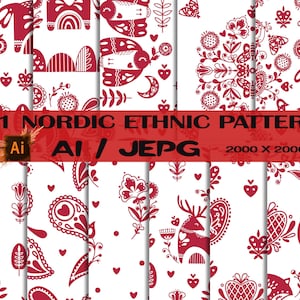 Nordic Ai - Scandinavian ai - Nordic Fox/ bird/ deer/ -JEPG and Ai Design Elements/ red color Nordic ethnic animals seamless pattern design