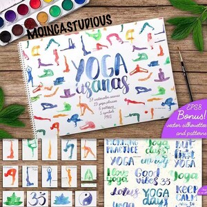 May include: A set of watercolor yoga asanas, phrases, patterns, and symbols. The set includes 37 watercolor asanas, 19 yoga phrases, 6 patterns, 5 symbols, and PNG files. The set also includes a bonus set of vector silhouettes and patterns.