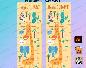 Kid Height Chart vector/cute Growth Chart digital print /cartoon animals height chart eps/ Kids Growth Ruler/metric/centimeter/ feet