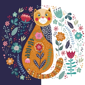 Cat /kitty clipart set -Ai /EPS/PNG instant digital download. painted clipart-Sitting Cat with plants art-Sublimation/Cute Cat Files vector