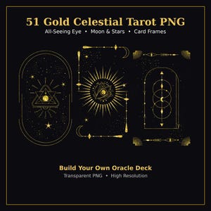 51 goldene Himmels-Tarot-PNG-Bundle | Cliparts des Allsehenden Auges, mystische Tarotkartenrahmen