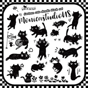 Cute Cartoon Black Doodle Cat Digital Clip Art for Scrapbooking Card printable cat,silhouette, sublimation, digital download,cute kitten