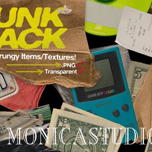 May include: A collection of grunge textures and items, including a Game Boy Color, a license plate that says "CA SAND", a receipt, and several dollar bills. The text "JUNK PACK" and "20+ Grungy Items/Textures! .PNG Transparent" is visible on the image. The text "MONICASTUDIOUS" is also visible on the image.