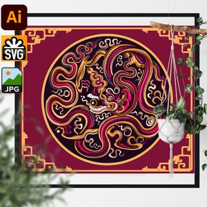 Vietnamese traditional dragon design illustration/Southeast Asian style digital printable wallarts vector/Fantasy Monster Creature Mythology