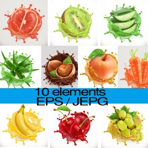 Demi-fruits avec arrière-plan numérique Juice Splash EPS, banane, aloès, kiwi, châtaigne, cerise, carotte, datte, pomme, fruit tropique, superpositions de jus