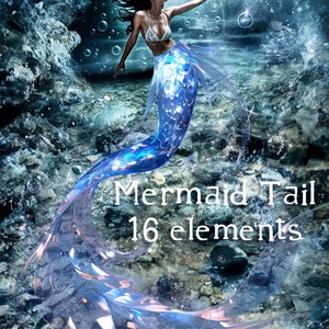 Può includere: Una sirena con lunghi capelli castani e una coda blu e argentata nuota in una scena di acqua blu scuro e grigia. La coda è composta da 16 elementi. Il testo "Mermaid Tail 16 elements" è scritto in bianco sull'immagine.