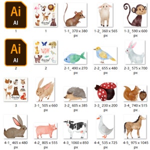 May include: A set of 20 watercolor illustrations of various animals, including a rabbit, a pig, a cow, a duck, a horse, a mouse, a sheep, a monkey, a fish, a bird, a hedgehog, a ladybug, a squirrel, a bear, a raccoon, a deer, a fox, a cat, and a flamingo. The illustrations are all in a cartoon style and are perfect for use in children's books, greeting cards, or other creative projects.