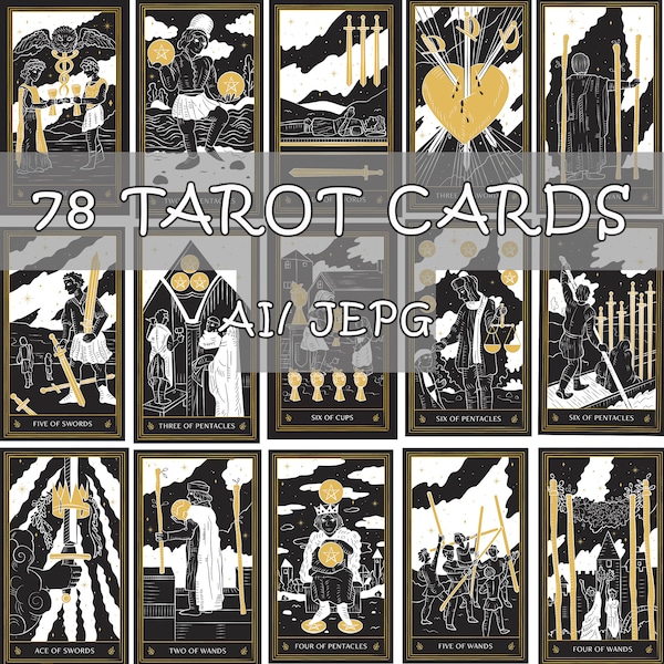Digital black gold Sorceress Tarot, Altered Artworks, 78 Tarot cards, Witchy Tarot, divination, Sorceress, Tarot Deck, Antique Tarot bundles