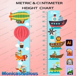 Cartoon Giraffe / Heißer Ballon / Boot Schiff Kid Höhendiagramm Vektor / Ai / EPS / SVG / Wachstumsdiagramm Design für Kinder / Höhendiagramm / metrisch / Zentimeter