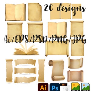 Vecchie pergamene di carta/vecchie pergamene/pergamene clipart/vecchia graffetta di carta/papiro/clipart di libri vintage/libro retrò/PNG/EPS/Ai/SVG/download istantaneo