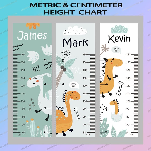 Kid Height Chart 3 pattern bundles Ai / metric / centimeter/ feet /Dinosaur height chart /Kids Growth Ruler, Room Decor,Digital File