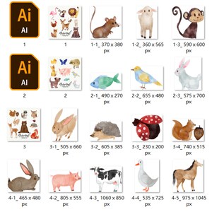 May include: A set of 20 watercolor illustrations of various animals, including a rabbit, a pig, a cow, a goose, a horse, a mouse, a bird, a fish, a hedgehog, a ladybug, a squirrel, a monkey, a bear, a deer, a fox, a cat, a flamingo, a lion, and a sheep. The illustrations are all in a cartoon style and are perfect for use in children's books, greeting cards, or other creative projects.