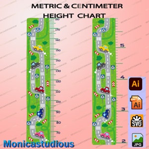 Kids Height Chart /Car driving route Growth Chart digital print /cartoon animals height chart eps/Kids Growth Ruler/metric/centimeter/ feet