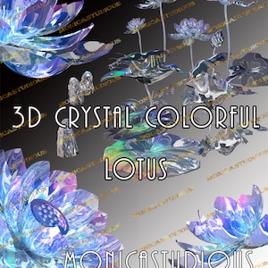 3D kristal kleurrijke lotusbloem Lotusblad en rotstuin decoraties Digitale PNG/kleurrijke boeddhistische lotus PNG/digitale lotusbloem ontwerp PSD