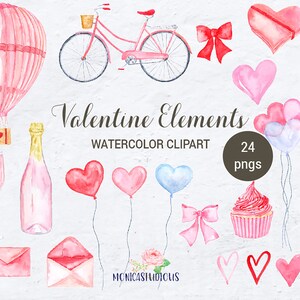 Elementos de San Valentín Acuarela Clipart PNG, Rosas románticas, Corazones, Globos, Flechas, Pájaros, Gráficos de amor, Tarjetas de San Valentín, descarga instantánea
