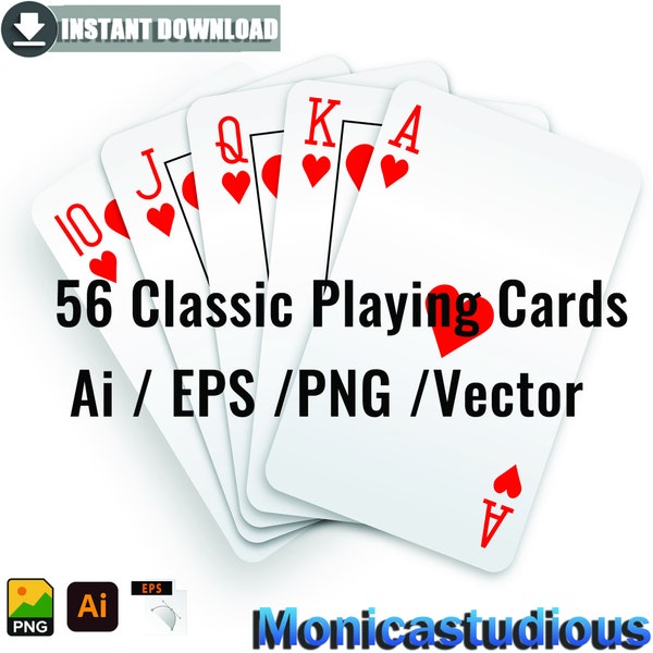 All 56 Classic Playing Cards with background design , Full Deck, Hearts, Spades, Clubs, Diamonds Ai ,vector,digital pocker instant download